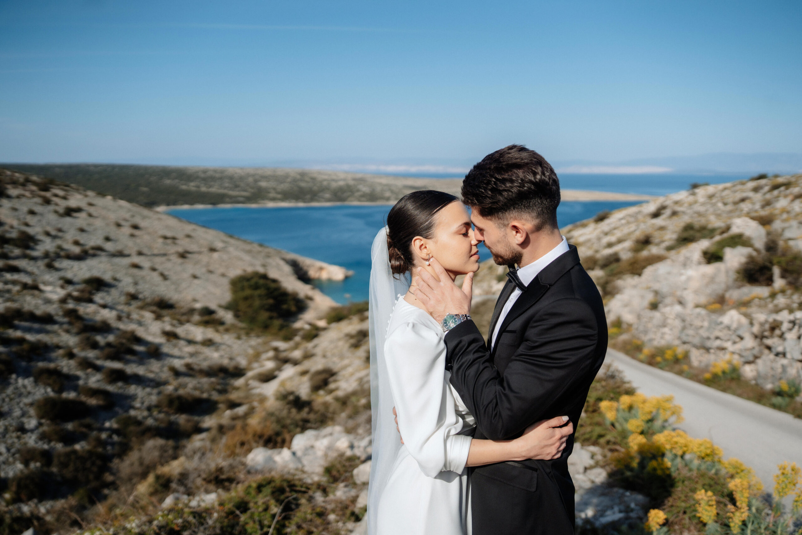 happy bride and groom posing